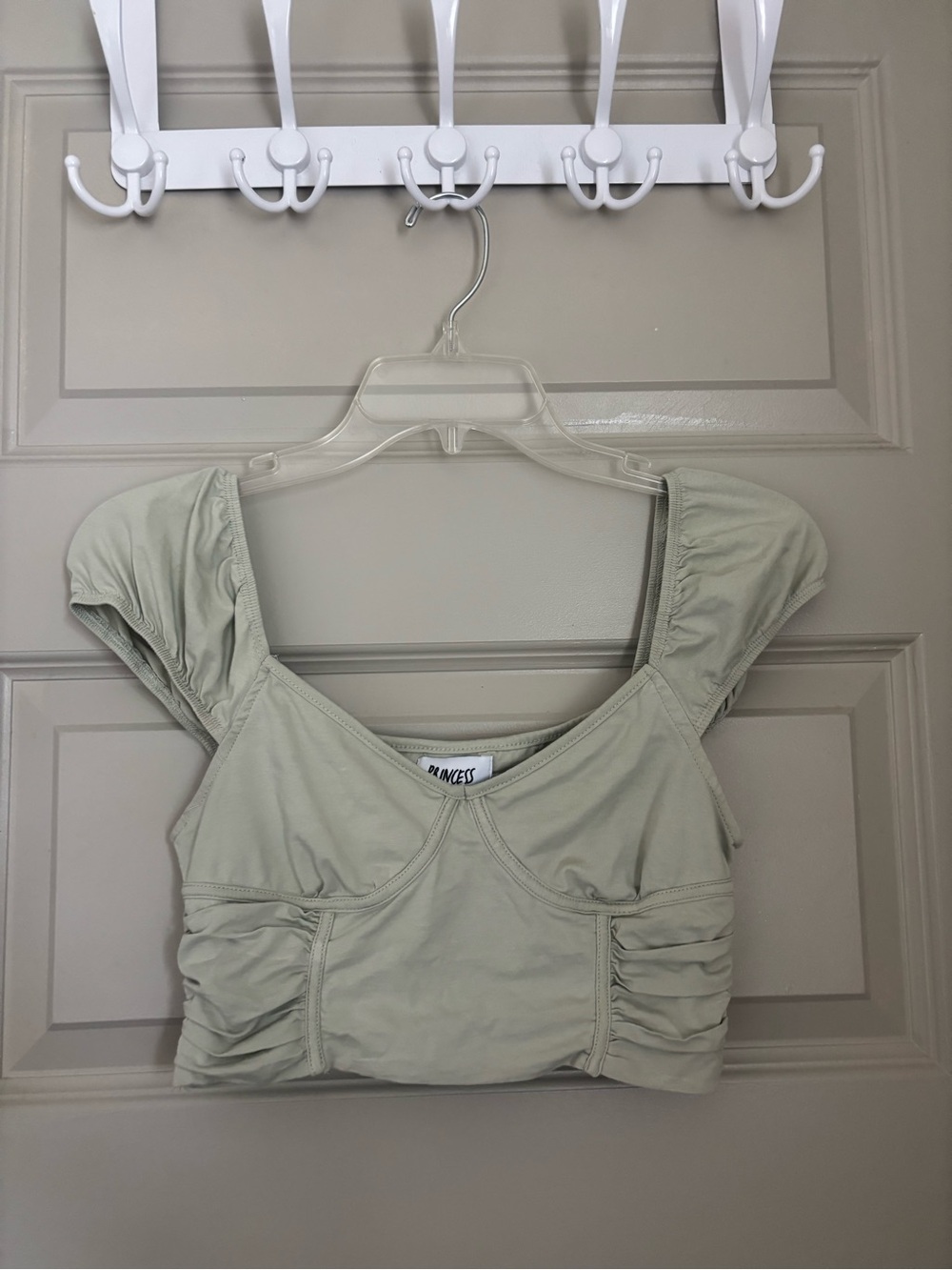 Princess Polly Sage Ruched Puff-Sleeve Crop Top